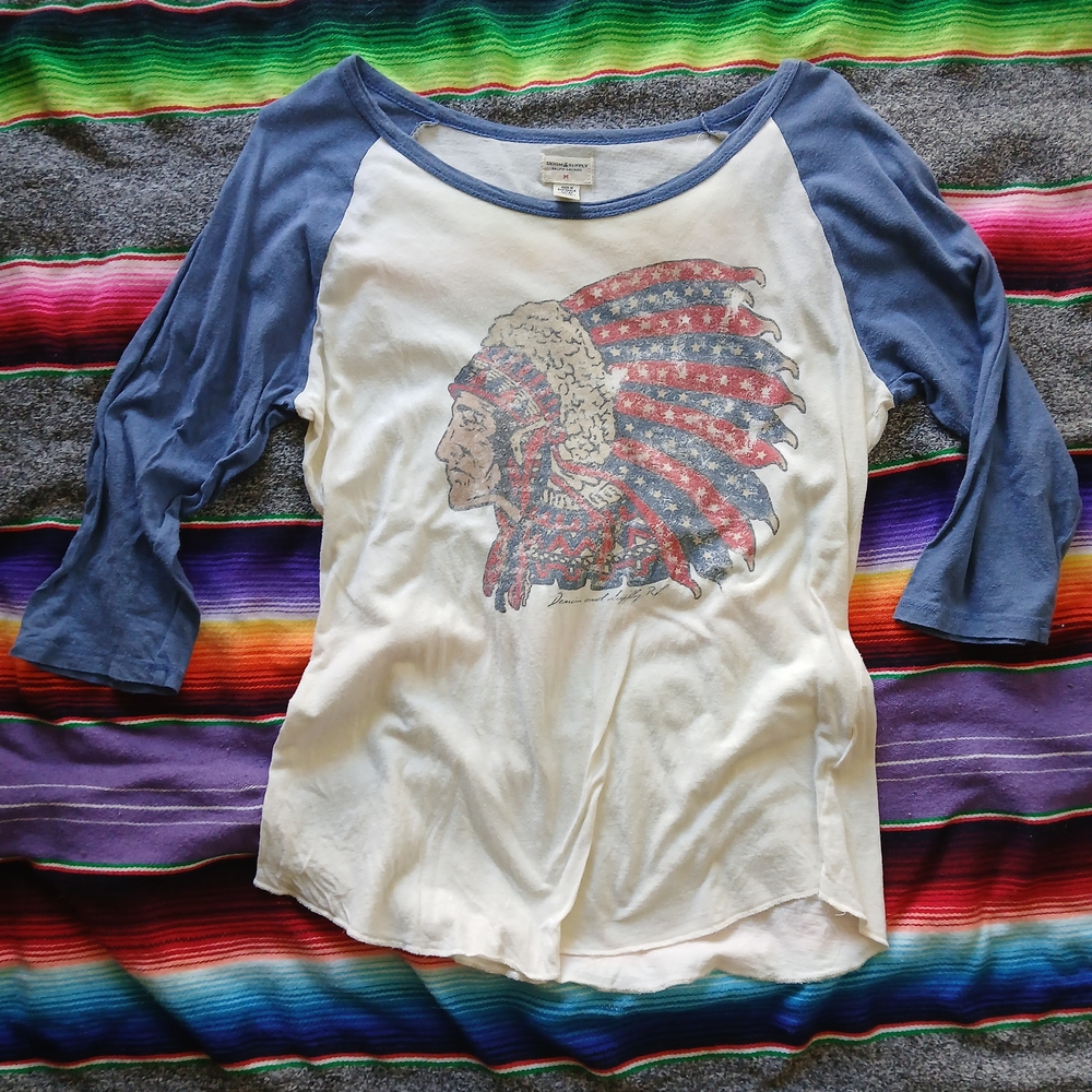 Denim & Supply Ralph Lauren White Raglan Tee with Blue Sleeves and Graphic